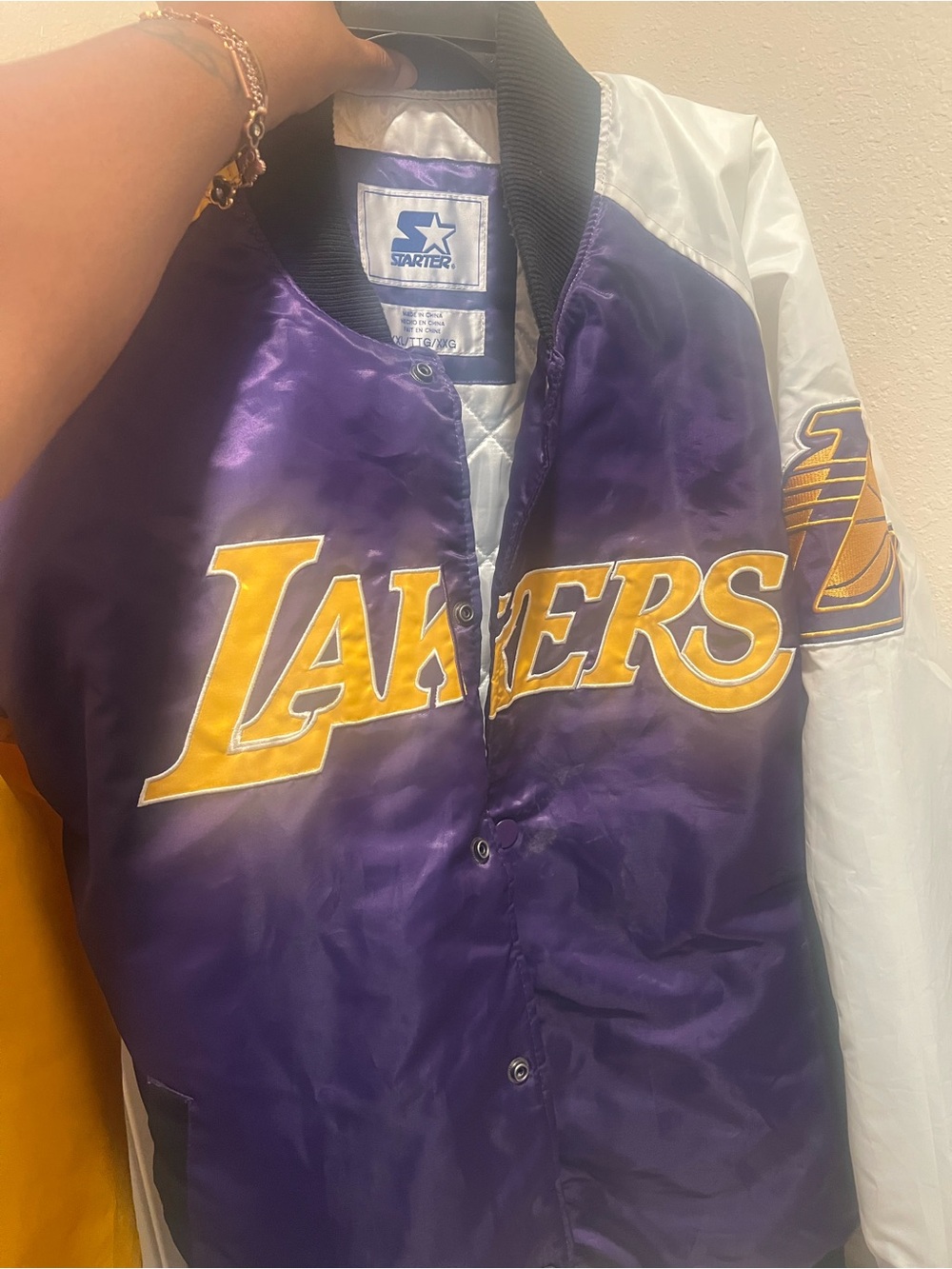 STARTER Los Angeles Lakers Purple White Satin Jacket with Gold Logo
